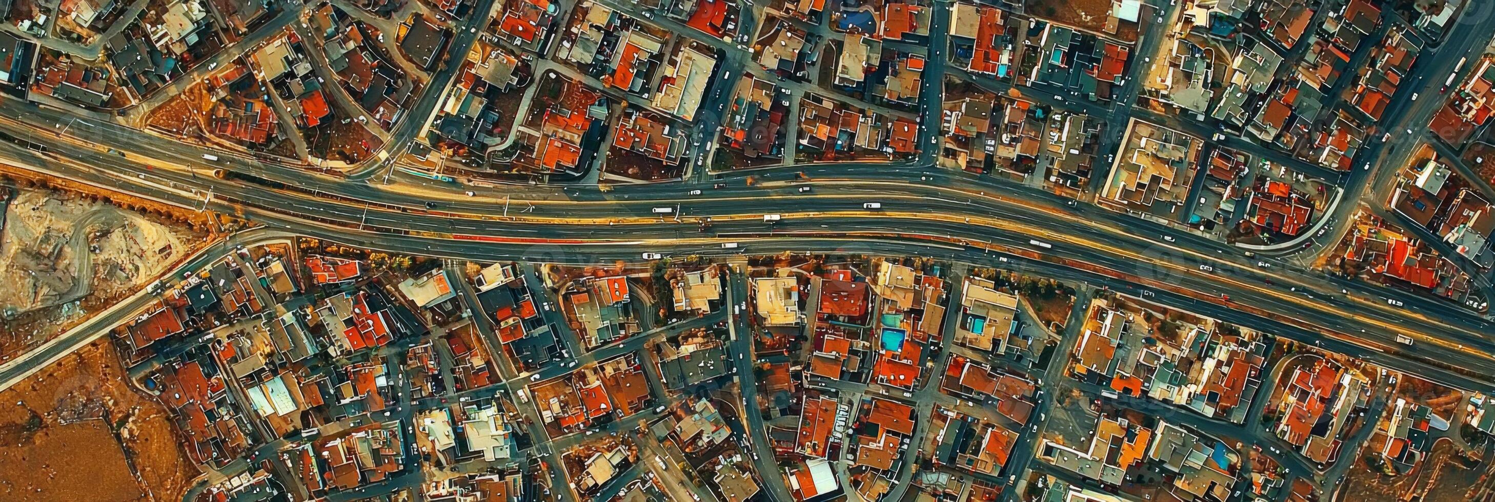 Urban Sprawl with Roads and Highways. A top-down drone view of a sprawling city, residential blocks photo