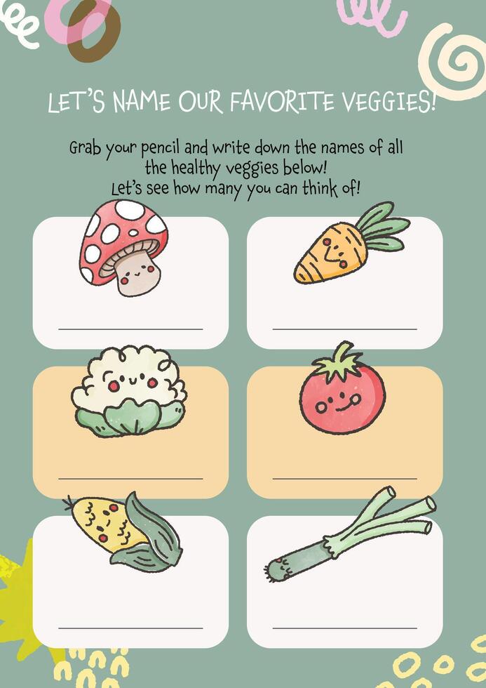flat design cute colorful learn veggie vegetable word name printable worksheet for kids activity vector