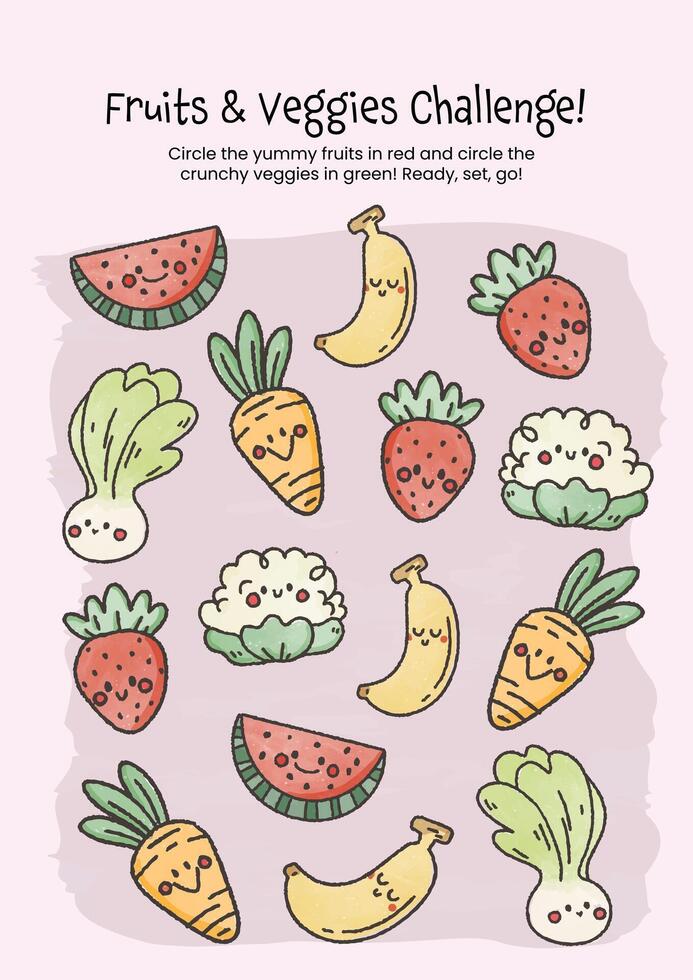 Sorting educational game for children, a fun learning about fruit and vegetable activity for kids to circle the correct answer vector
