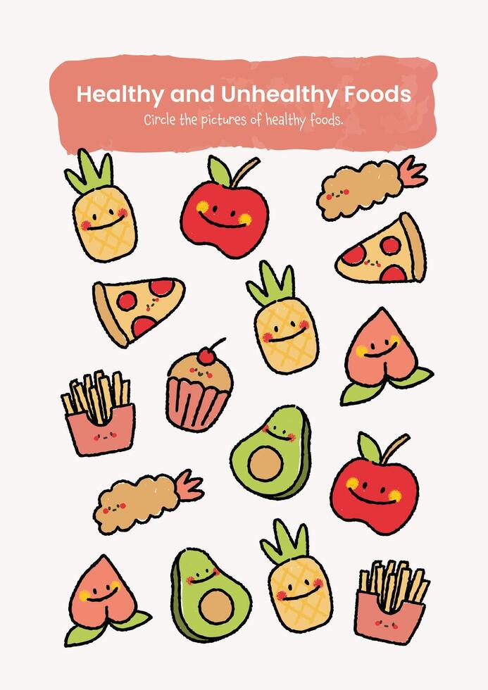 flat design sorting and circle healthy and unhealthy worksheet printable for kids education activity vector