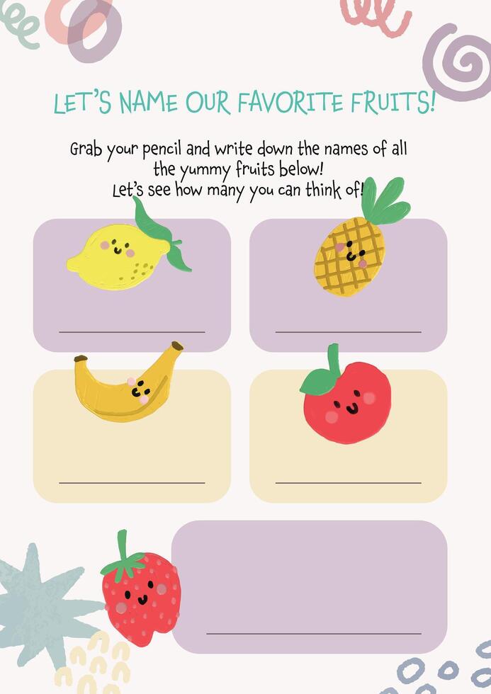 flat design cute colorful learn fruits word name printable worksheet for kids activity vector