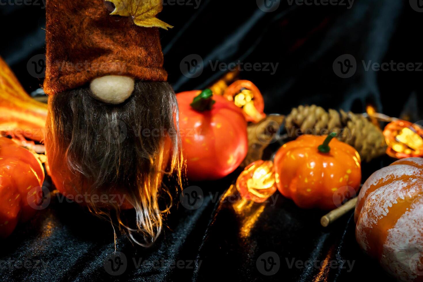 Halloween decorations background. Halloween Scary pumpkin head on wooden table Halloween holiday concept photo