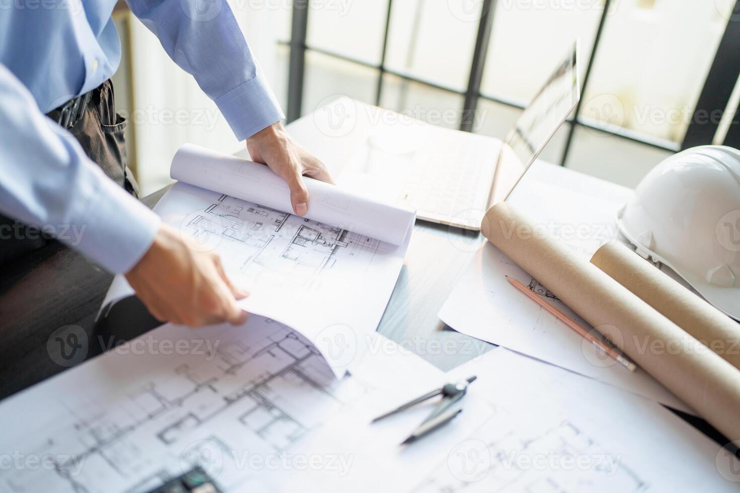 Architecture Man drawing on architectural Creative project business architecture building construction Industrial engineering Achievement Planning photo