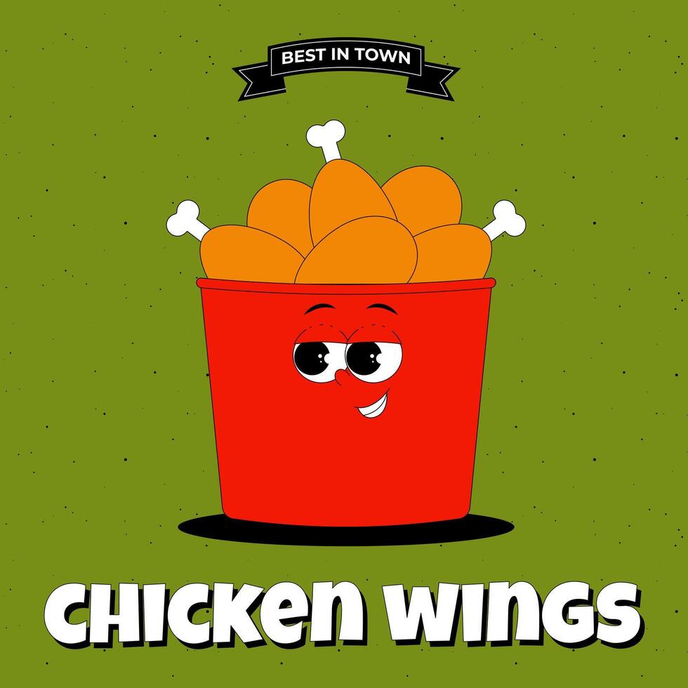 Poster with funky character red box with chicken thighs in retro groovy style. Banner with psychedelic street food mascot. Best in town. flat illustration vector