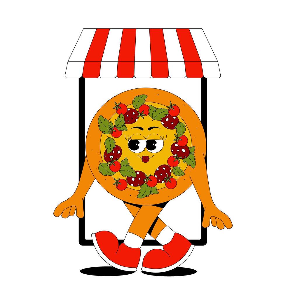 Online delivery service, online order tracking, delivery home and office. Fast food delivery, shipping. Funky walking pizza character in retro groovy style. illustration on transparent background vector