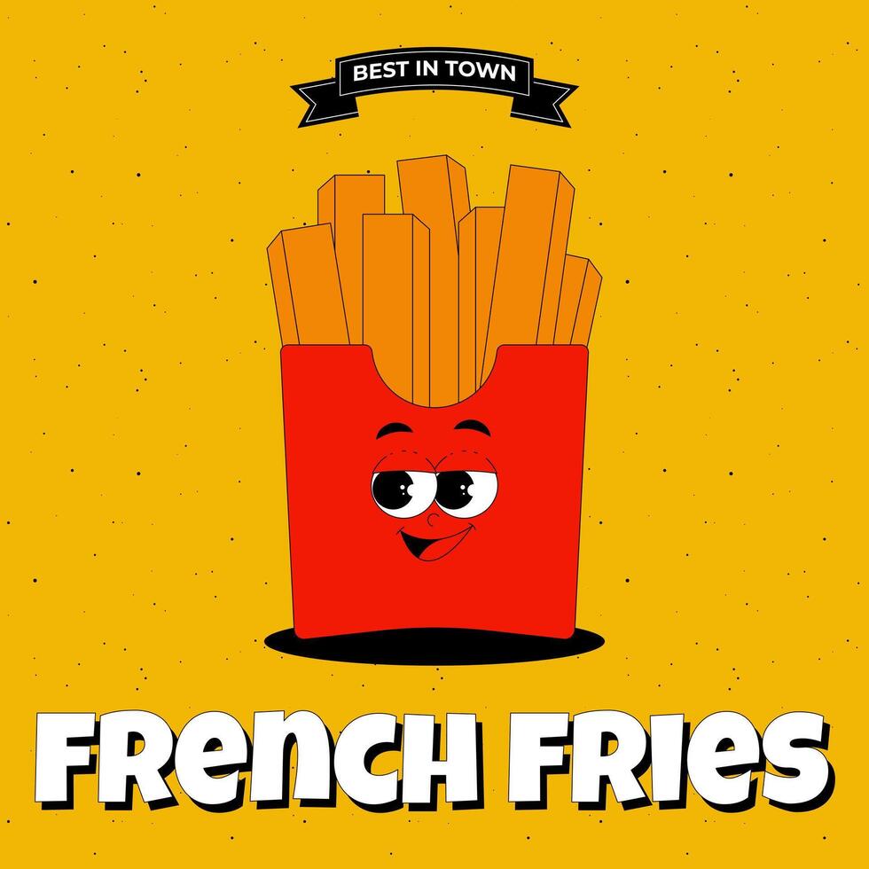 Poster with funky french fries character in red box in retro groovy style. Banner with psychedelic fast food mascot. Best in town. flat illustration vector