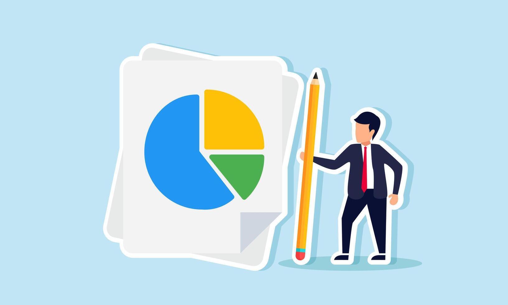 A businessman stands beside a paper with a pie chart holding a pencil, illustration of preparing a dividend distribution report vector