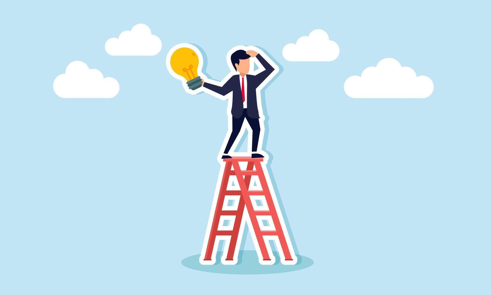 A businessman stands on a ladder holding a lamp, observing something, illustration of seeking business ideas and innovations to grow the company's business vector
