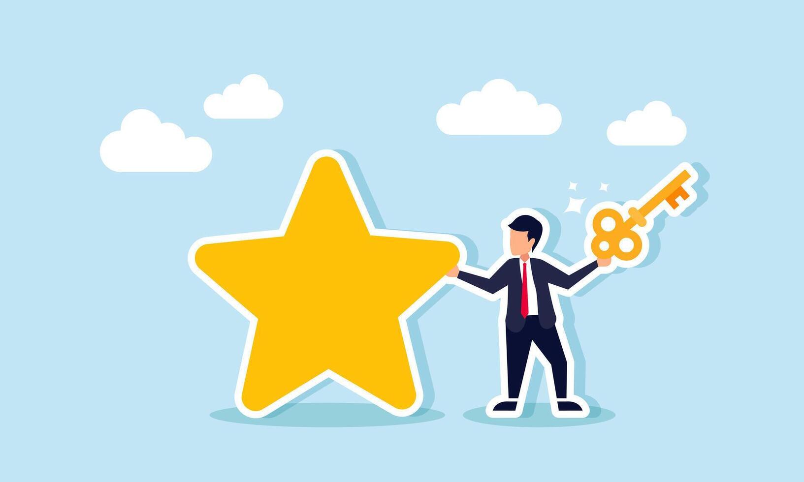 A businessman stands next to a star holding a key, illustration of the solution to achieve a good business rating vector