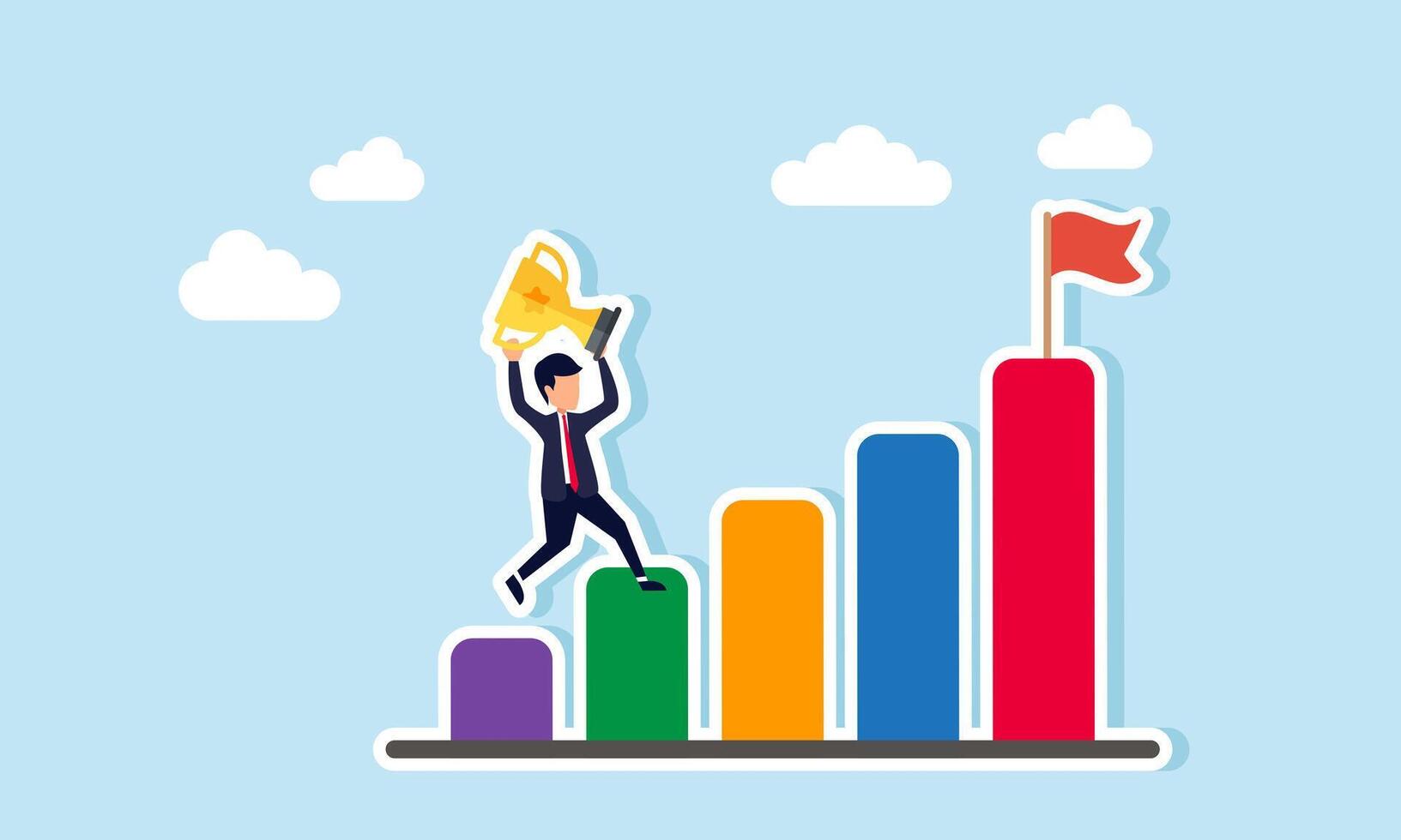 A businessman lifts and carries a trophy up a chart, illustration of the correlation between business achievement awards and business performance vector