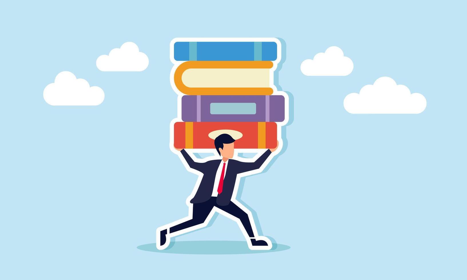A businessman runs while holding a stack of books, illustration of completing a business project report effectively and efficiently vector