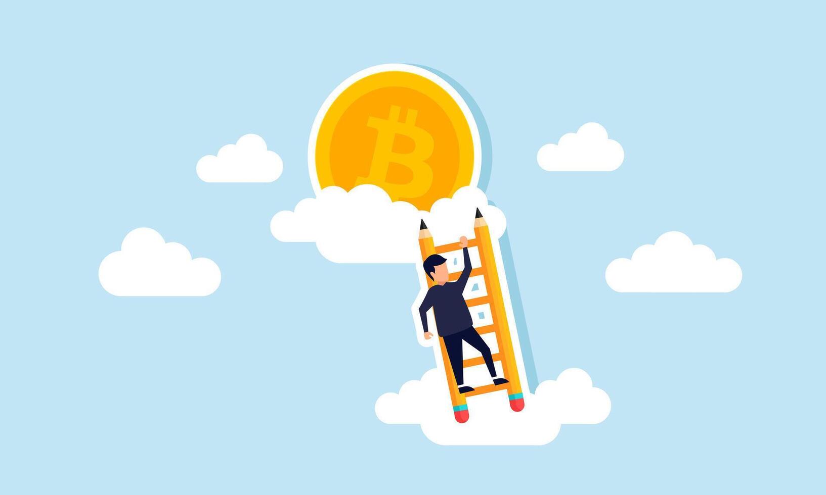 A businessman climbs a pencil ladder to reach a bitcoin in the clouds, illustration of planning and designing to accumulate bitcoin assets vector