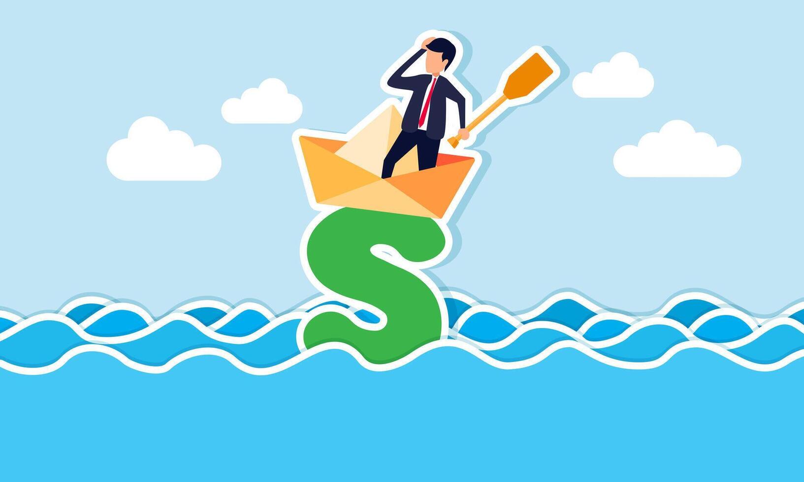 A businessman and his paper boat are stuck and stranded on a dollar sign in the middle of a vast ocean, illustration of being trapped in a financial problem or overwhelming business debt vector