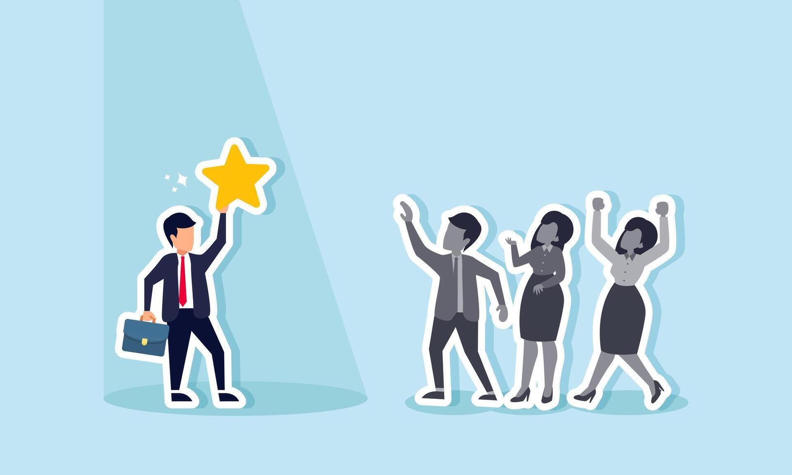 A businessman holds a star under a spotlight, observed by several business competitors, illustration of a leading company presenting business rating quality to competitors vector