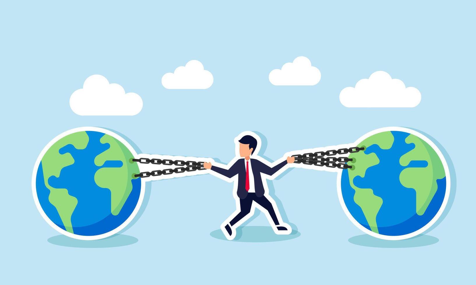 A businessman holds a chain binding a globe with both hands, illustration of keeping a business relevant with global business trends vector