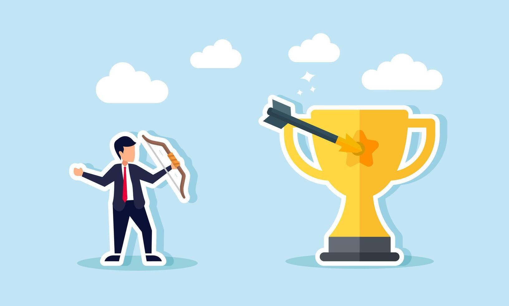 A businessman shoots an arrow at a trophy with a bow, illustration of targeting an award for excellent business performance vector