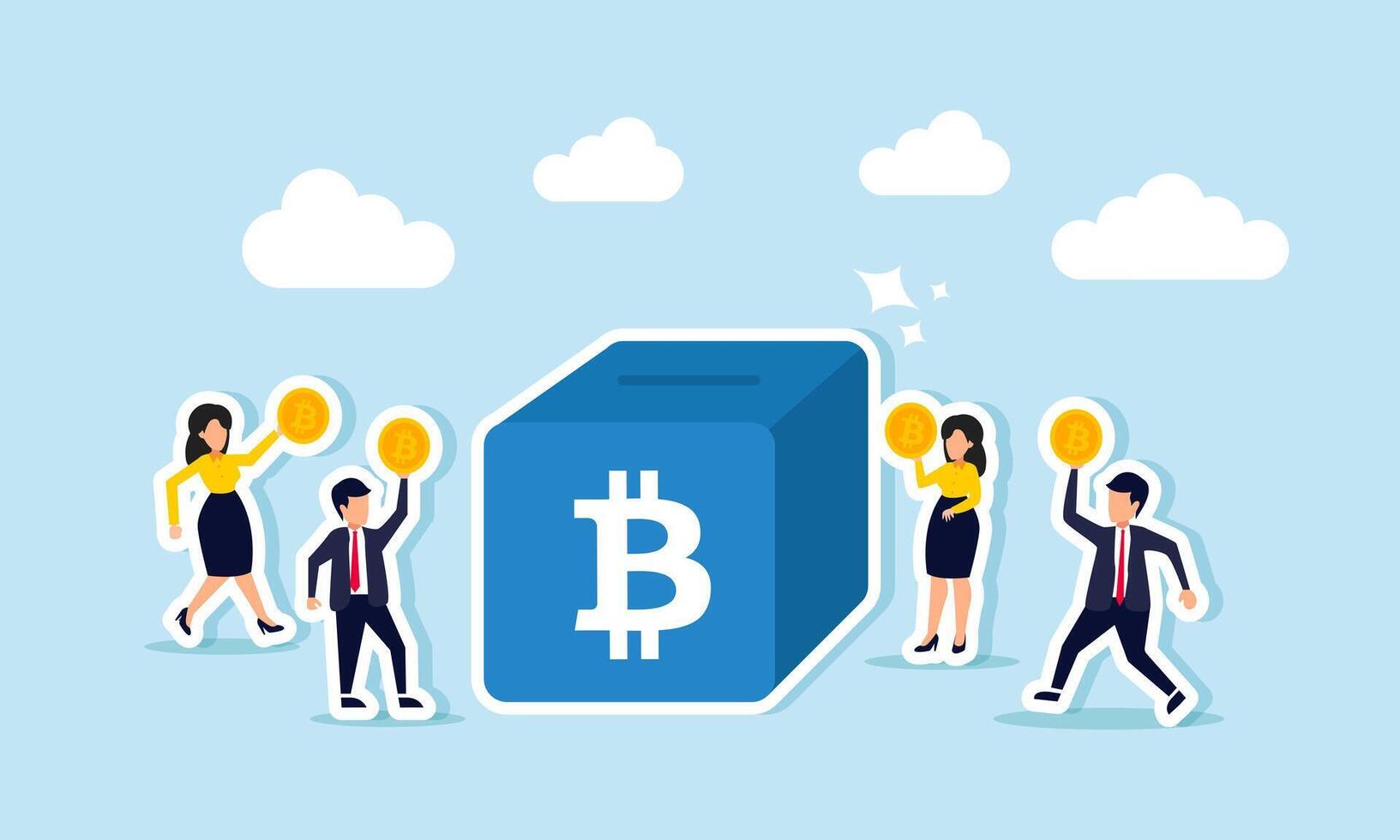 Businesspeople collectively carry bitcoins to place into a box labeled with a bitcoin sign, illustration of competition among entrepreneurs to accumulate bitcoin assets vector