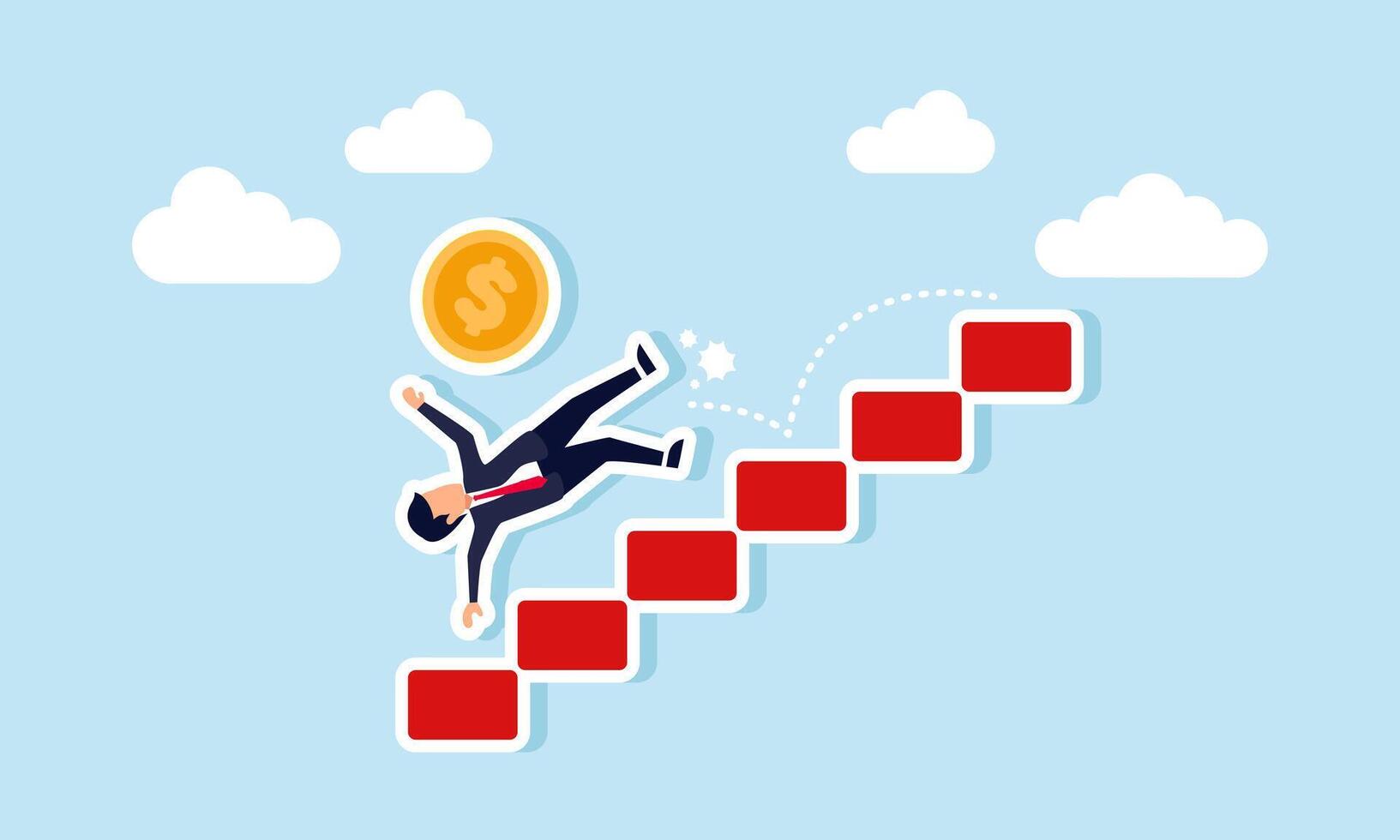 A businessman slips and falls from a ladder along with a dollar coin, illustration of a declining dollar valuation vector