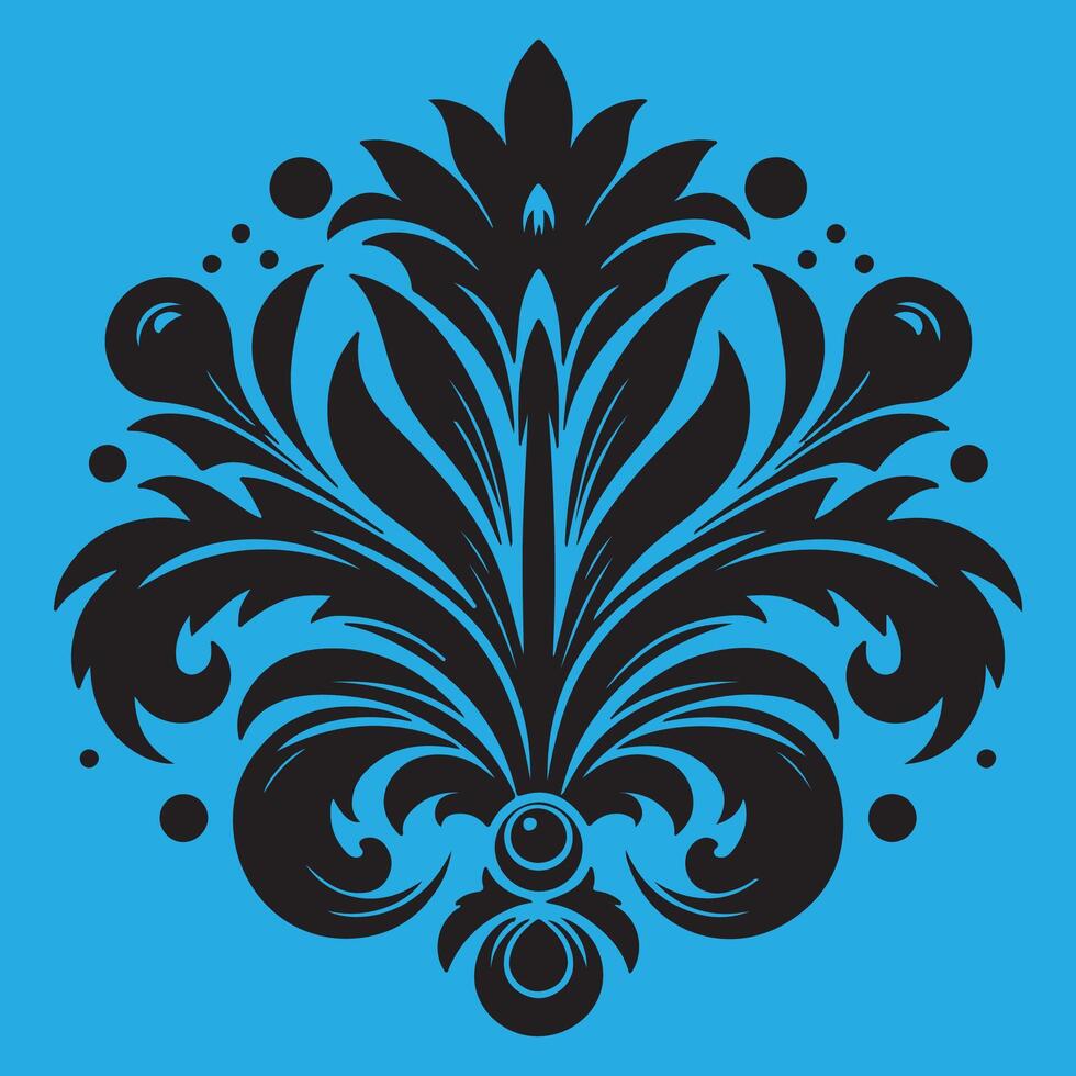 An attractive black graphic design floral motif with a central stylized leaf or bud shape surrounded by ornate petal like elements vector