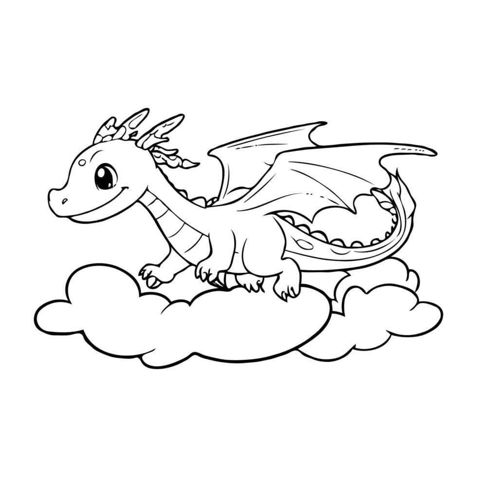 Flying Dragon with Clouds - Fun Cartoon Coloring Page vector