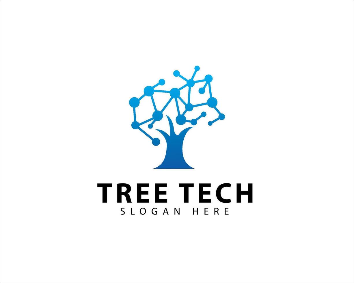 Tree tech logo network technology creative with interconnected molecule concept logo vector