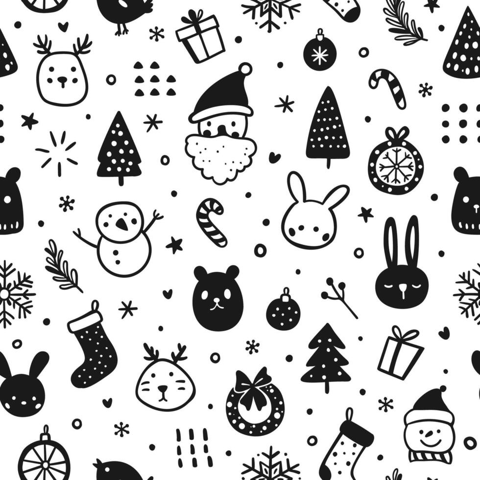 Whimsical Holiday Doodle Pattern in Black and White. Seamless Christmas background vector