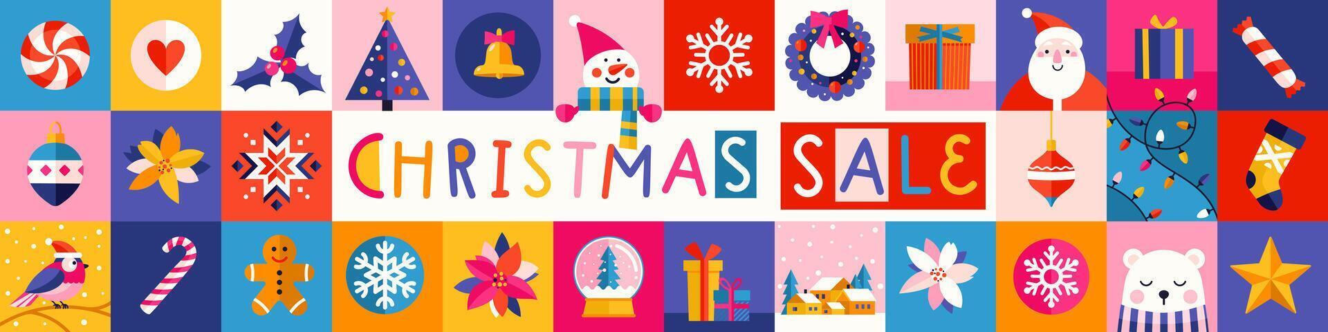 Christmas sale modern geometric banner template. Abstract xmas holiday mosaic poster with seasonal decoration. Festive, minimalist december sales header. vector