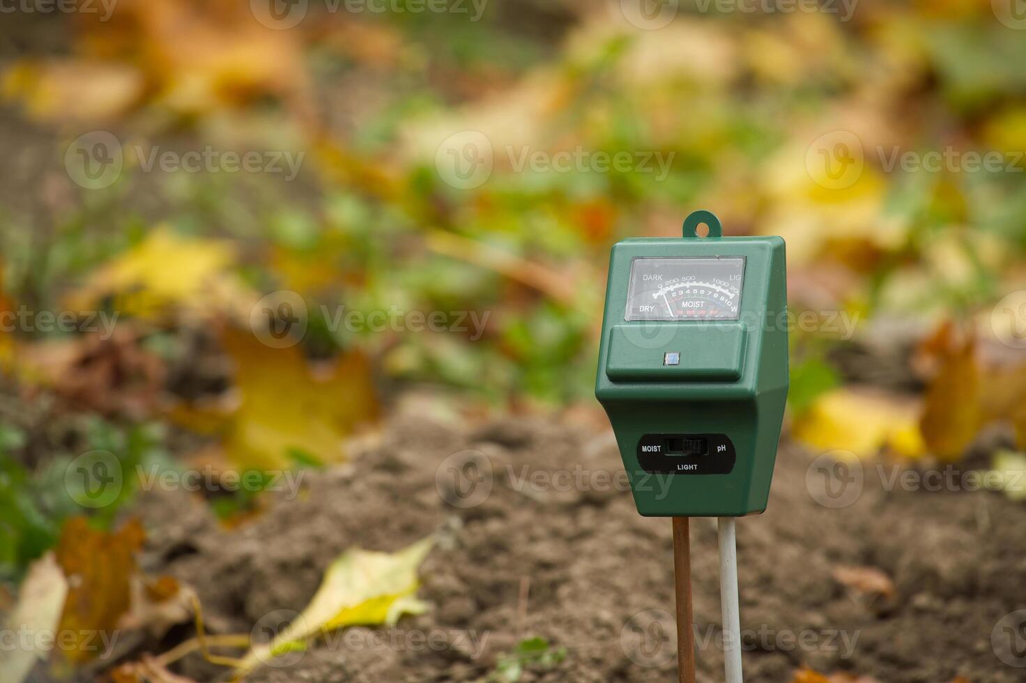 Soil moisture meter in garden monitors moisture level amidst autumn leaves and soil photo