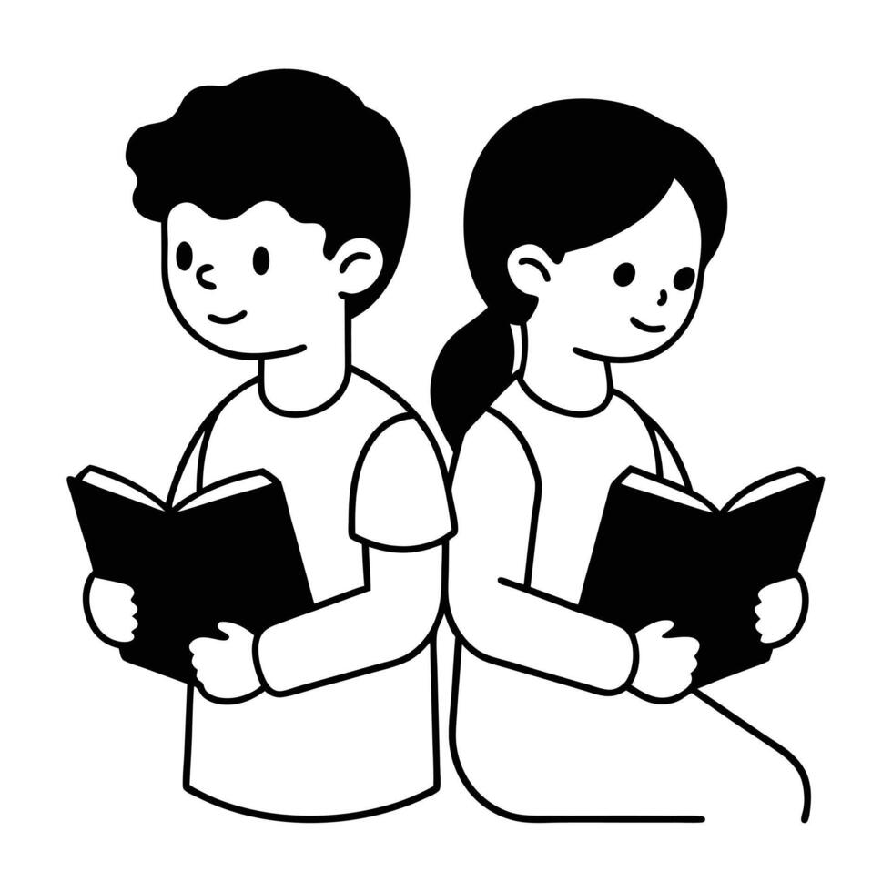 Children Reading Books Silhouette Boy and Girl from Back vector