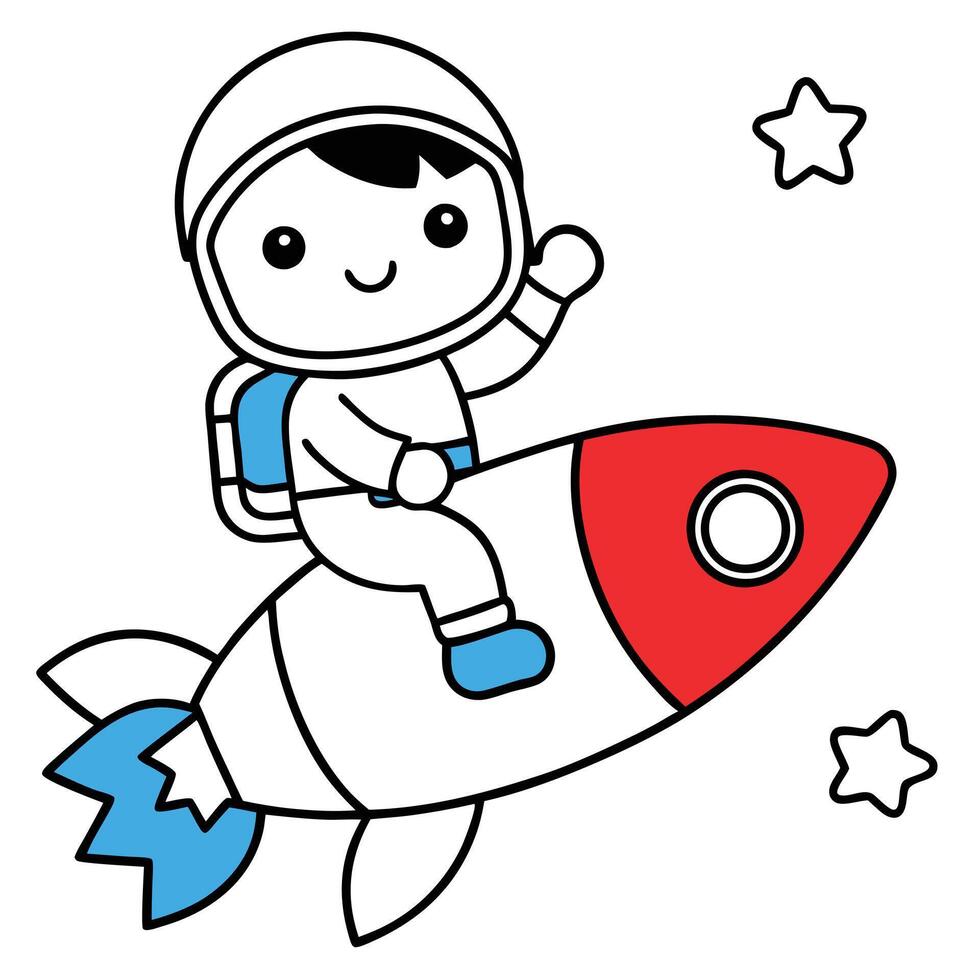 Cute Cartoon Astronaut Riding a Rocket Ship - Fun Kawaii Style. vector