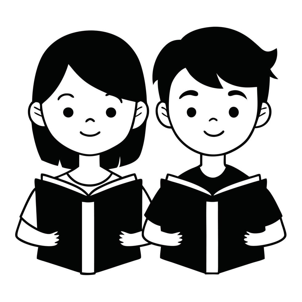 Silhouette of Boy and Girl Reading Books - Back View Design. vector