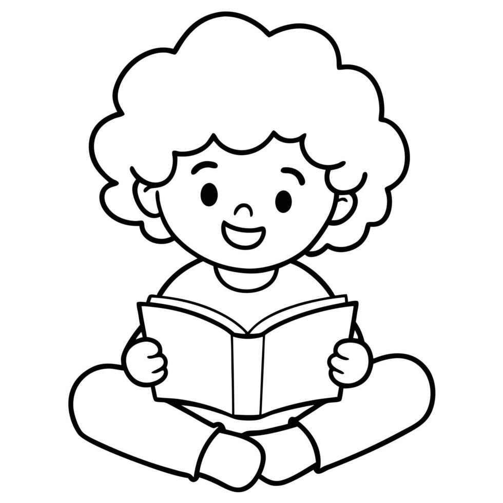 Cute Cartoon Child Reading Book - Simple Black and White Illustration. vector