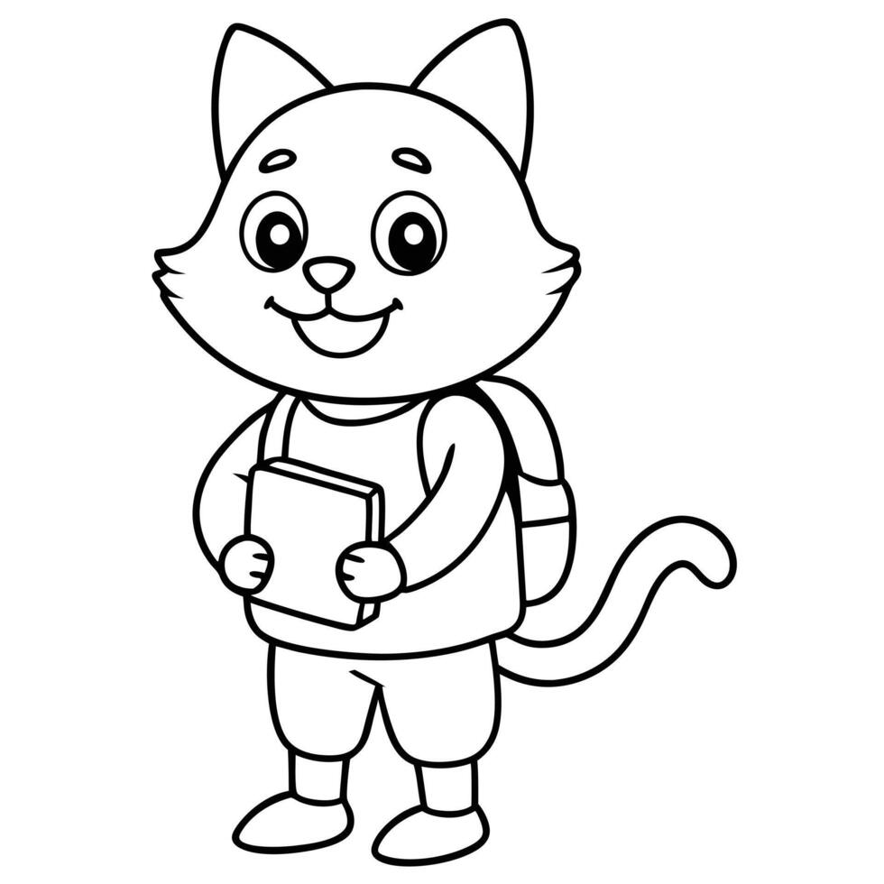 Smiling Cartoon Cat with Book and Backpack - Simple Sketch Design. vector