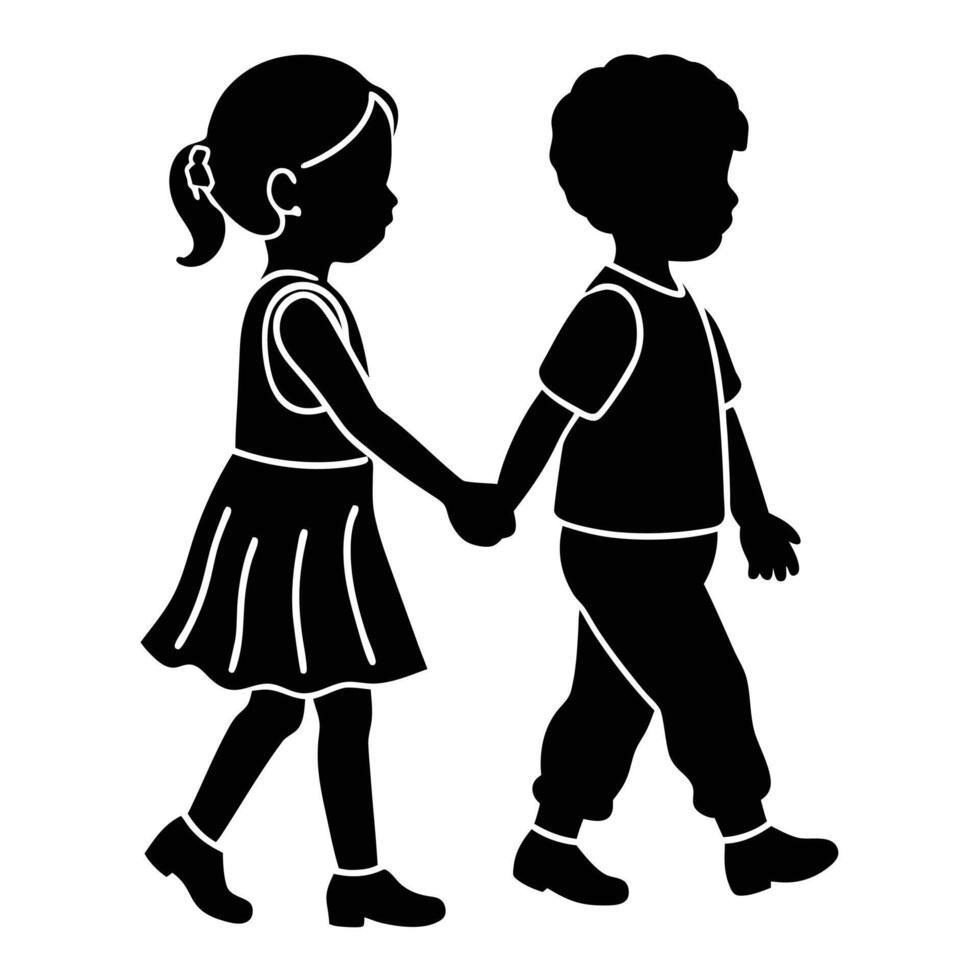 Charming Silhouette of Two Children Walking Together. vector