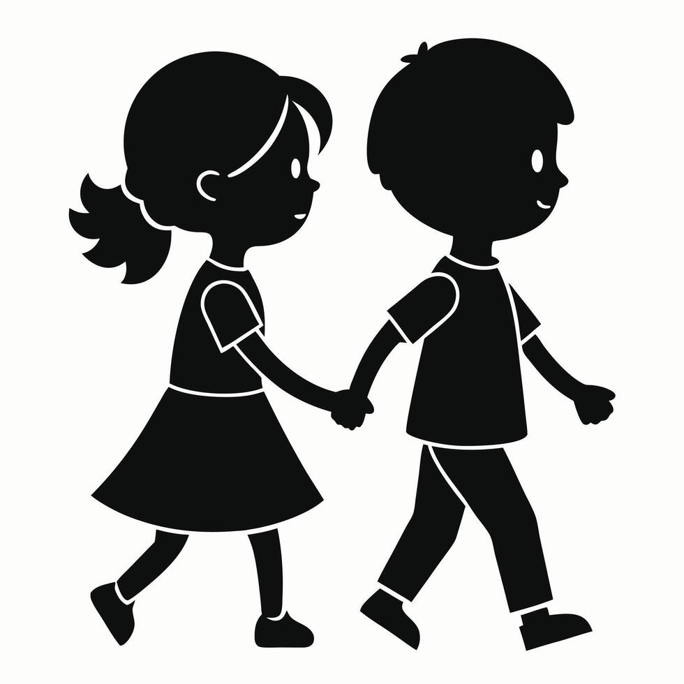 Silhouette of Two Children Walking Hand in Hand - Heartwarming Design. vector