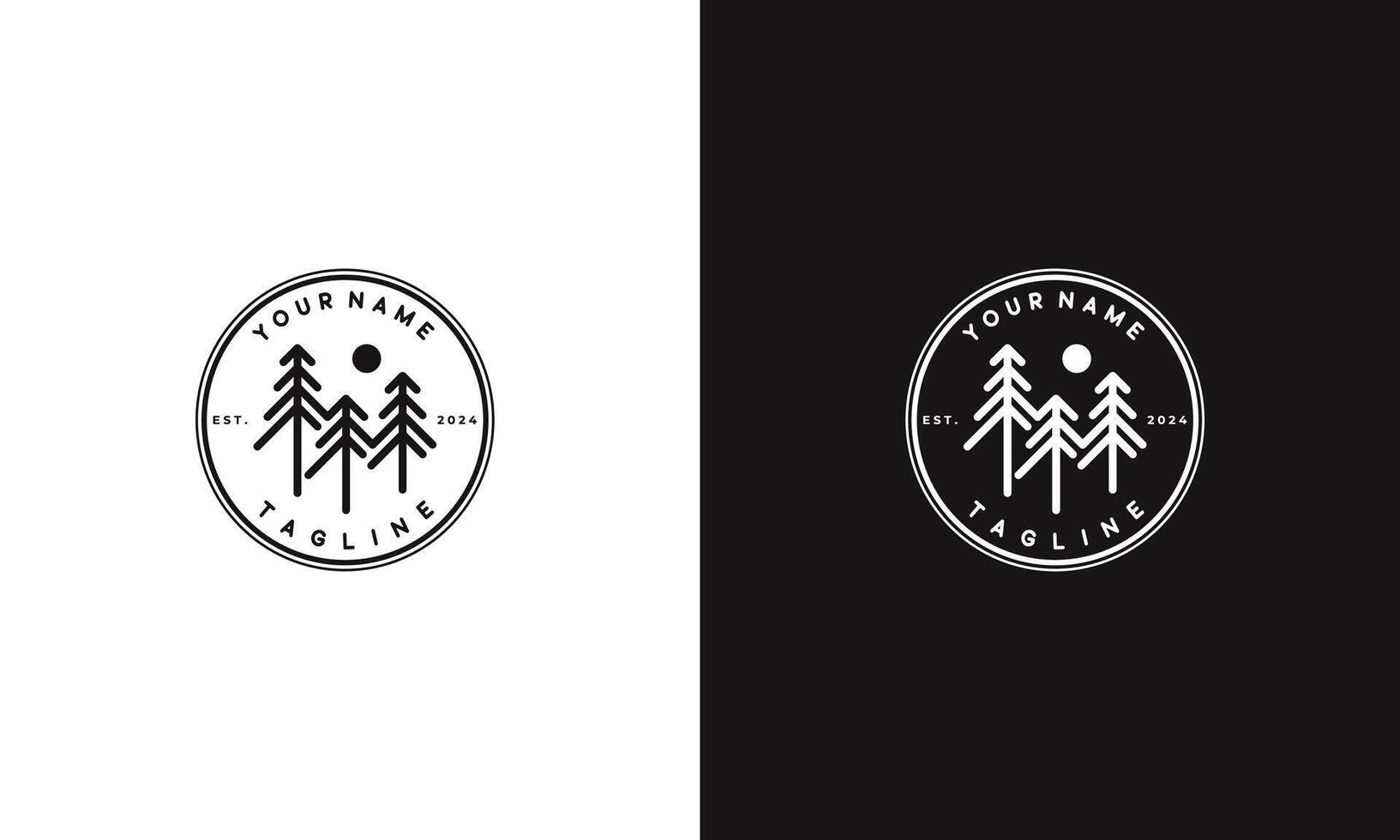 Minimalist logo design featuring three stylized pine trees under a sun, encircled by a tagline and establishment year. vector
