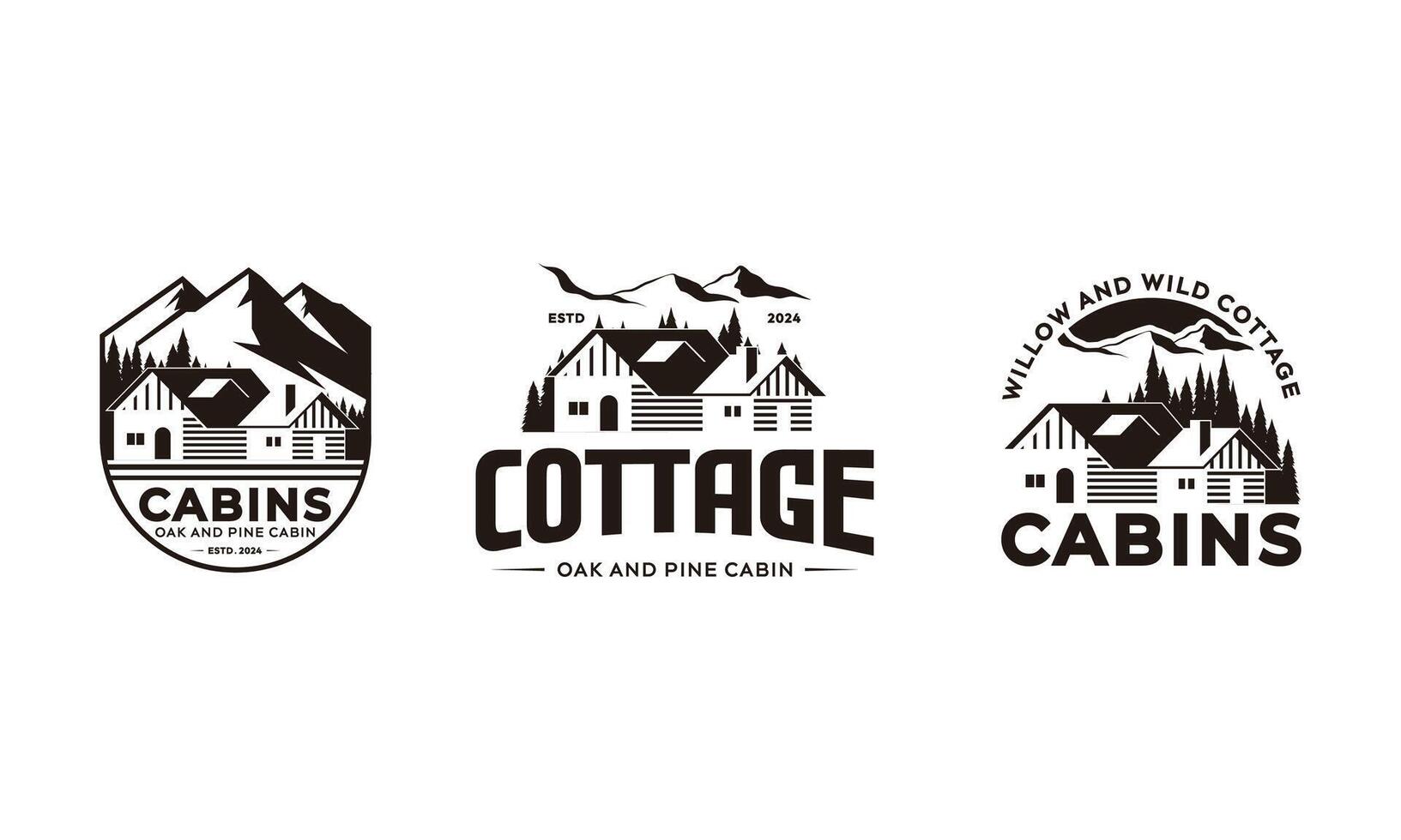 Three Mountain Cabin Logo Designs for Oak and Pine Cabins, Established 2024 vector