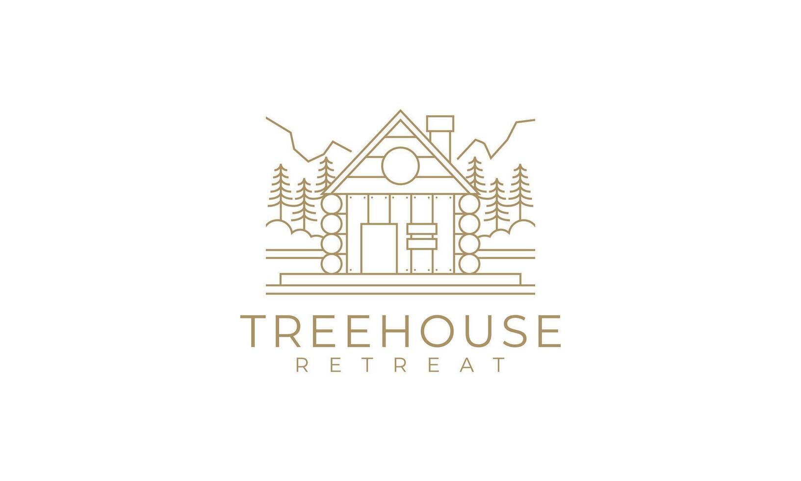 Geometric Line Art Treehouse Retreat Logo Design in a Mountain Setting vector
