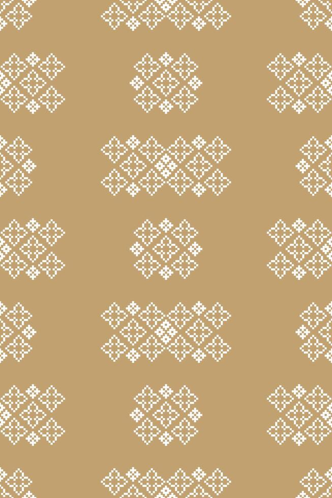 Fabric pattern design pixel art cream color background fabric brown cream pattern ethinc motif decor. vector
