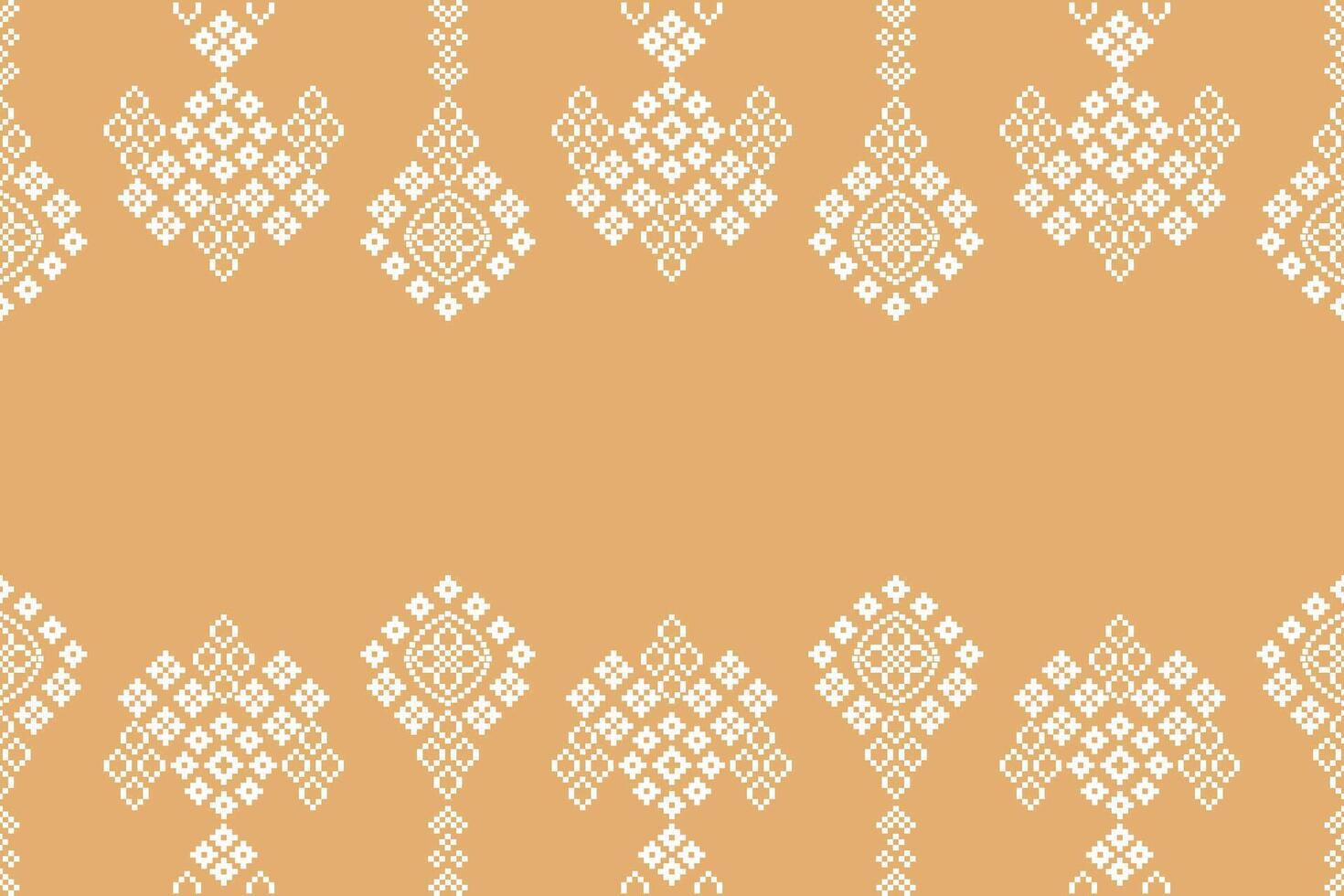 Ethnic pattern cross stitch with cream color background pixel design motif fabric. vector