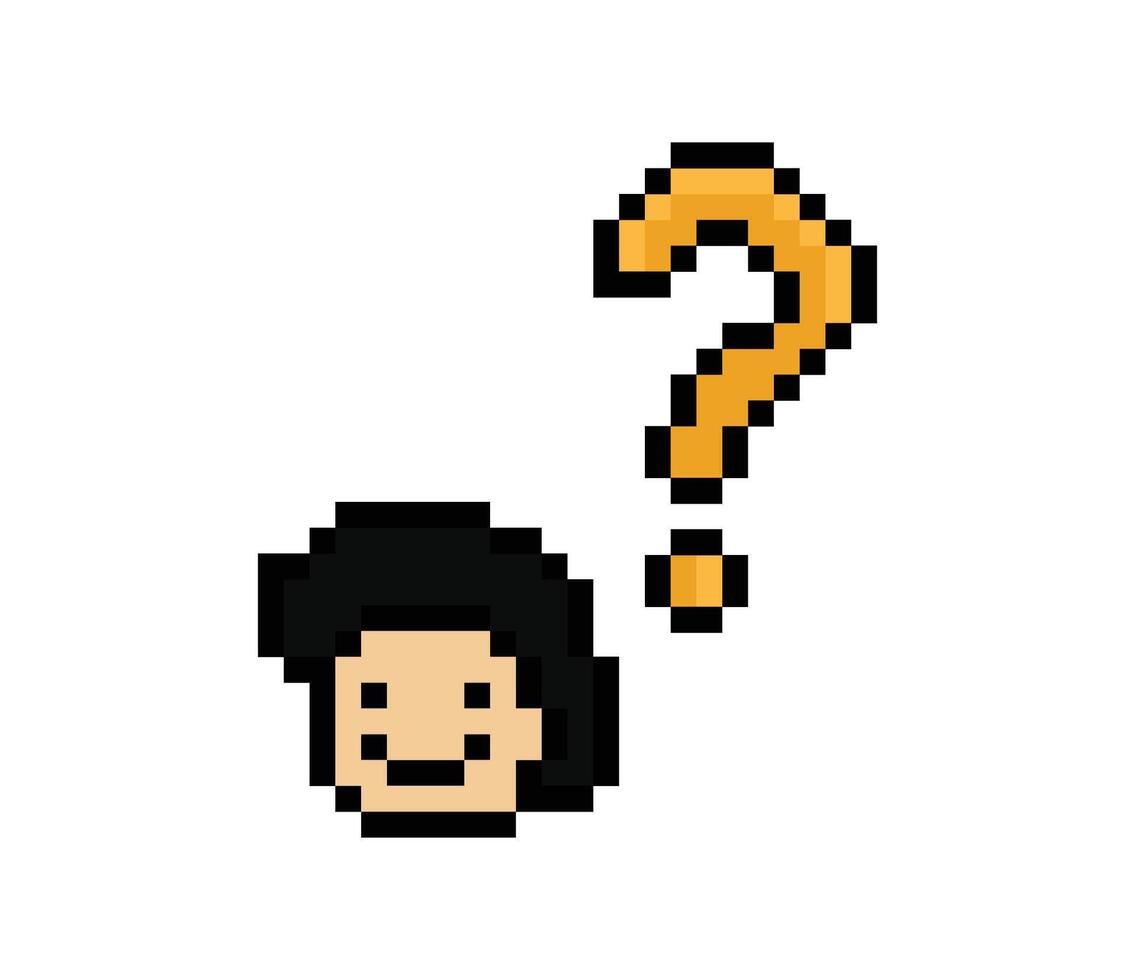 Cute design cartoon art male man boy with question mark confuse wonder pixel. vector