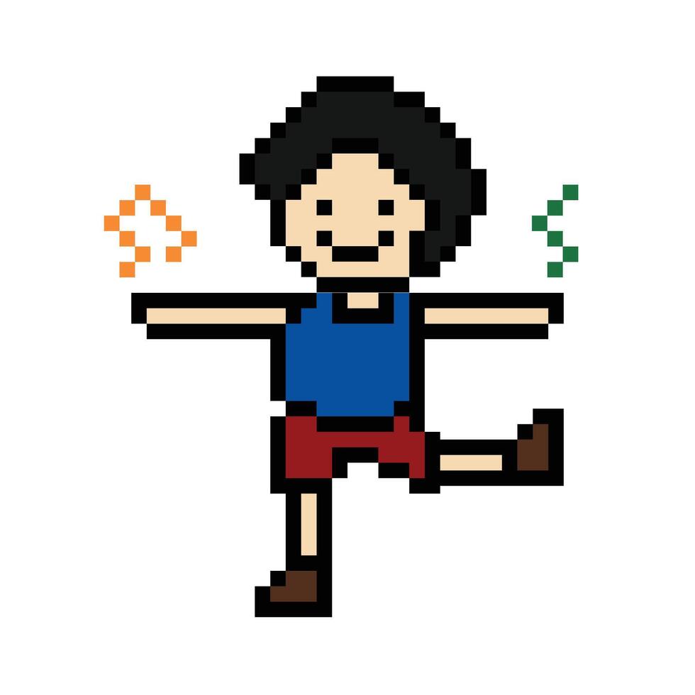 Cute man male boy smile in action dance exercise cute cartoon pixel art 8 bit. vector