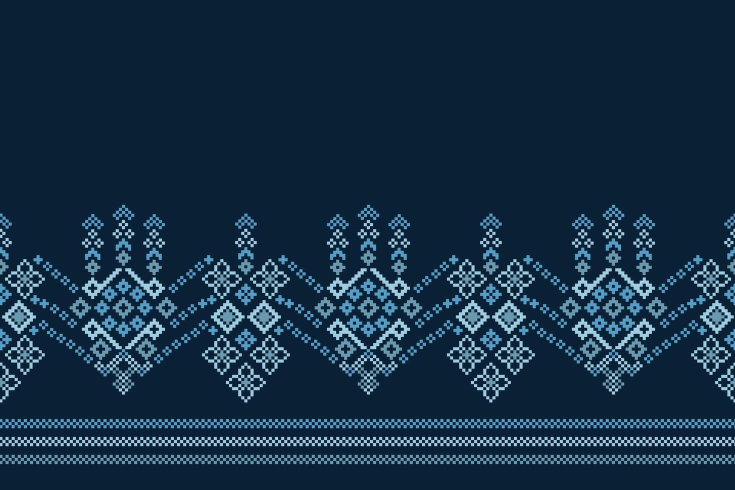 Ethnic pattern cross stitch design pixel motif blue color background fabric pattern art. vector