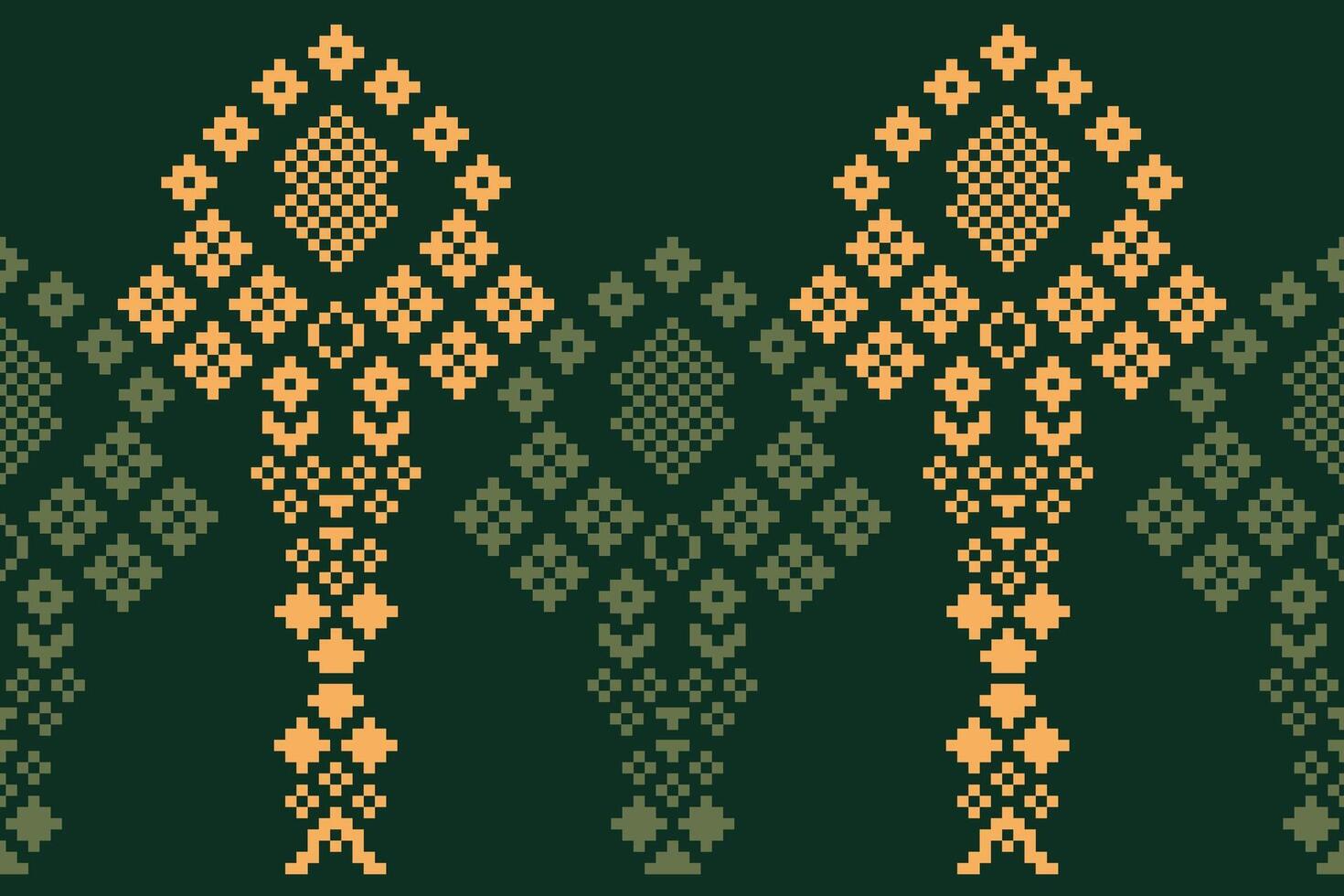 Ethnic pattern green color background motif pixel art design fabric pattern decor. vector