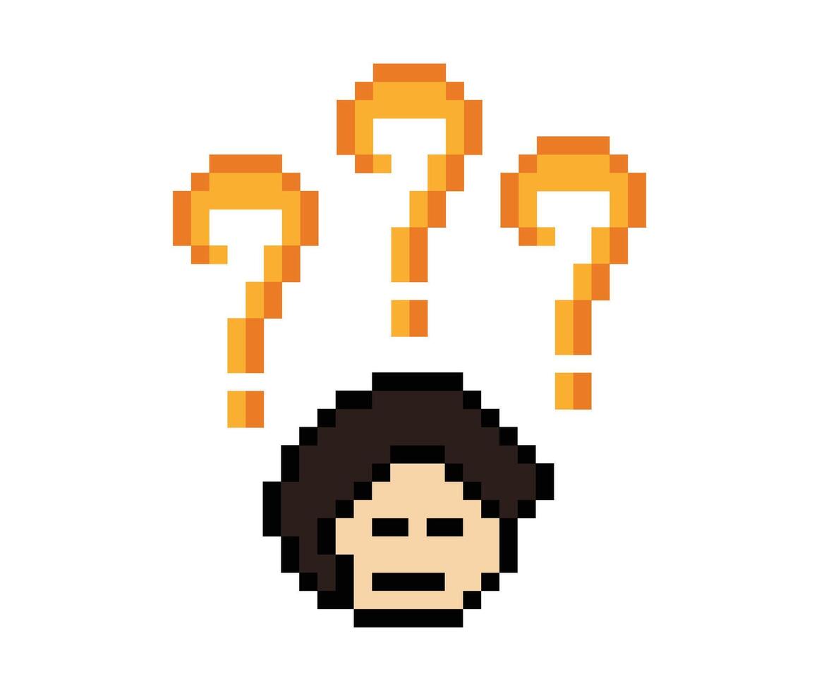Cute design face smile cartoon male man or boy and question mark confuse wonder pixel art cartoon. vector
