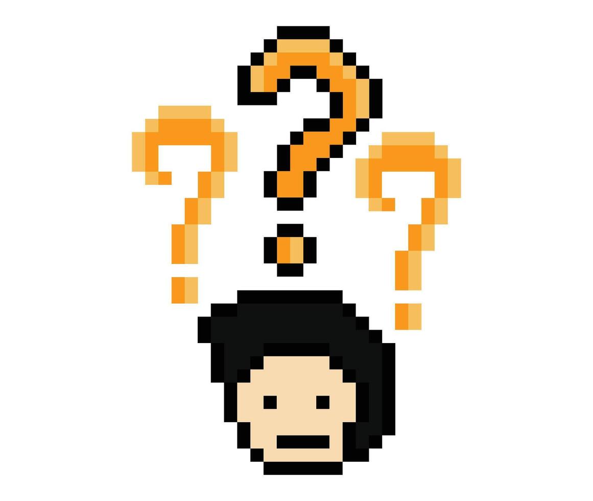 Pixel art face of male man or boy and question mark confuse wonder don't know cartoon cute design 8-bit. vector
