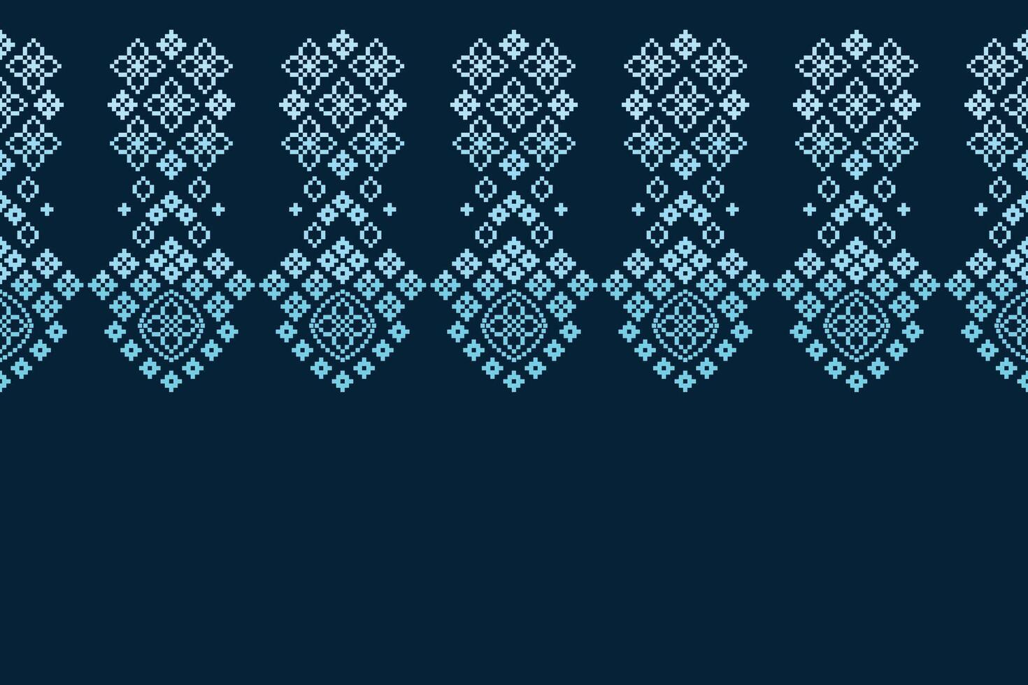 Cross stitch design pixel art blue color background motif wallpaper fabric ethnic pattern. vector