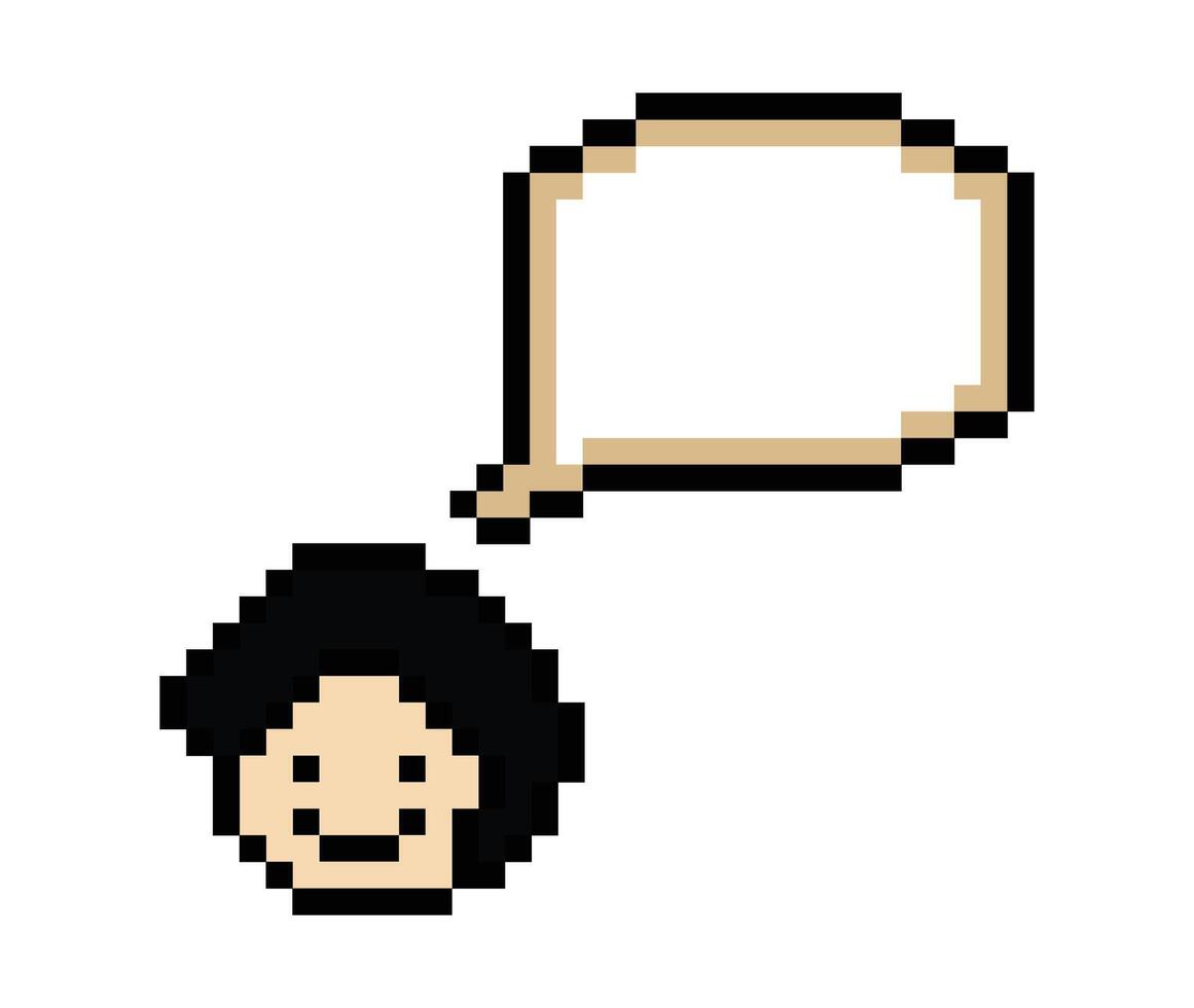 Cartoon pixel art happy male man boy with face smile with blank detail chat box say think art. vector