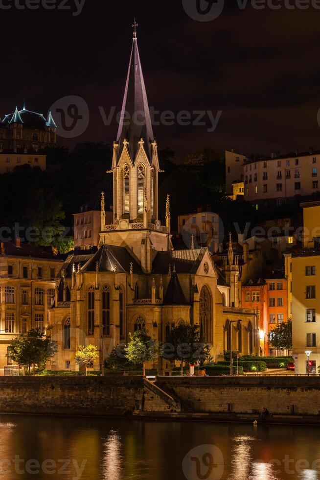The Church Saint George in Lyon, France at night photo