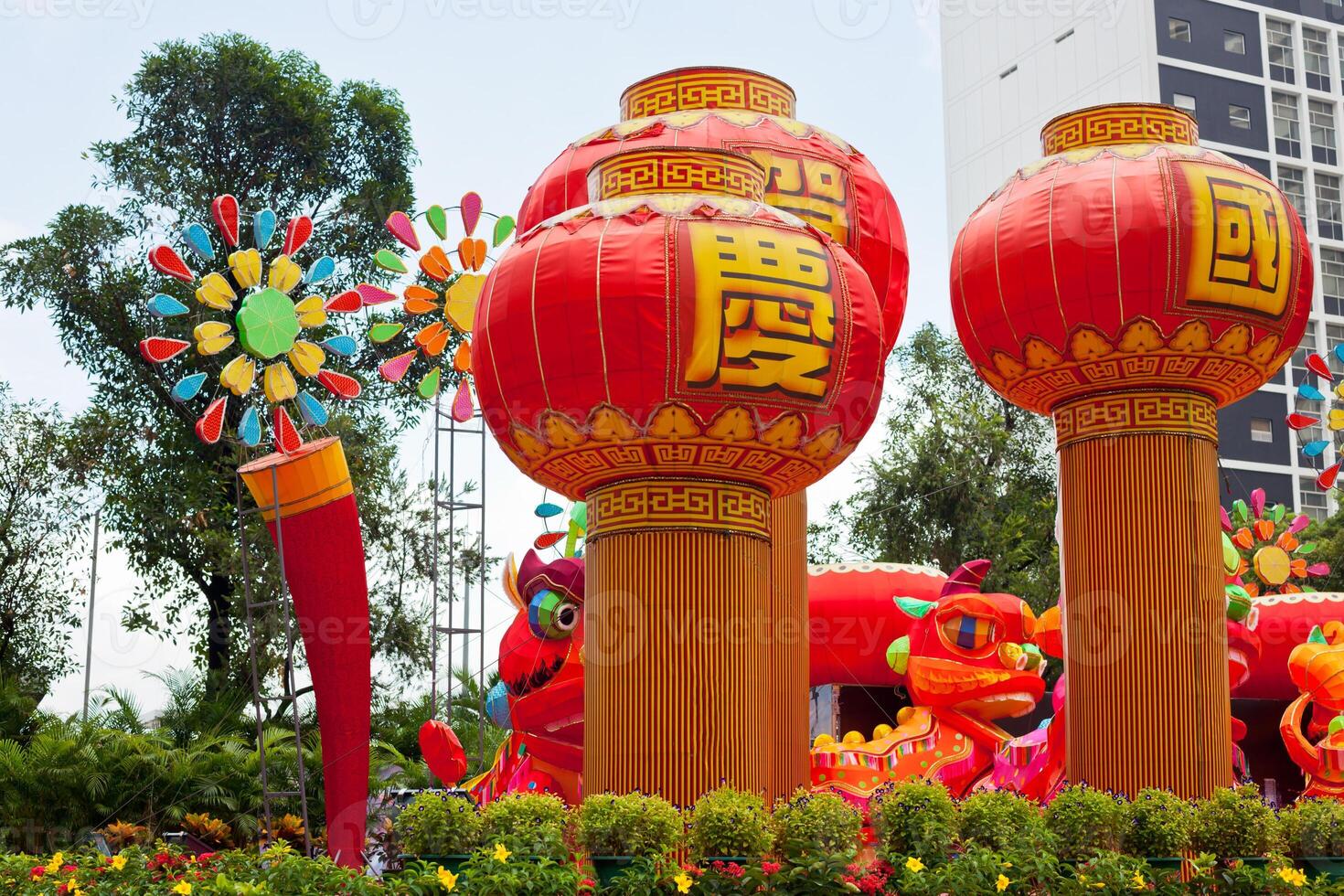 Park with traditional decoration dragon for chinese holiday photo